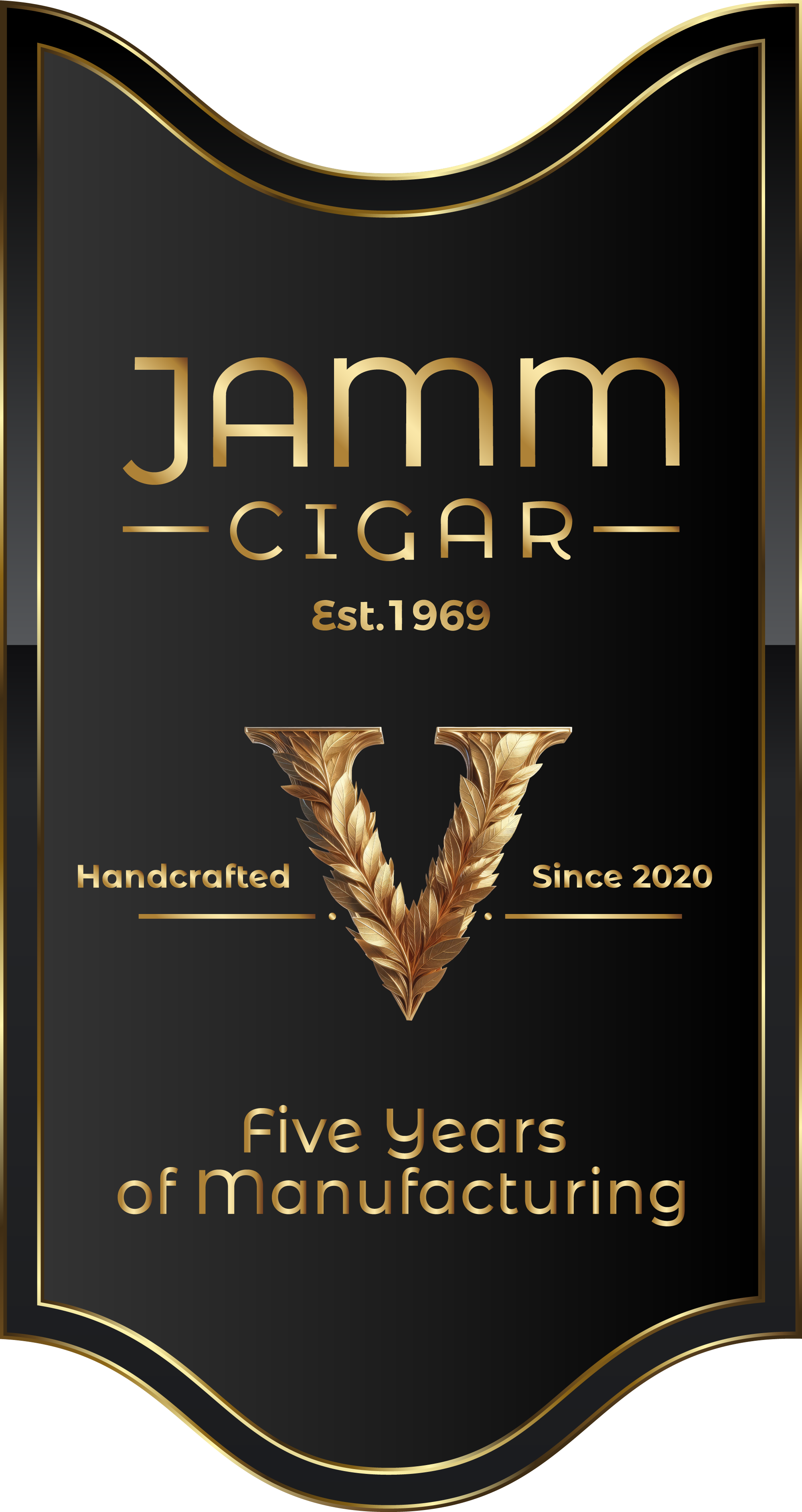 Selo JAMM Cigar: Est. 1969, numeral V, Handcrafted Since 2020 e Five Years of Manufacturing